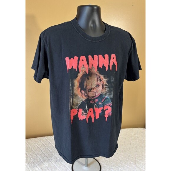 Chucky Doll Wanna Play Horror Movie Series Graphic Black Shirt Men’s Size L - Picture 4 of 16